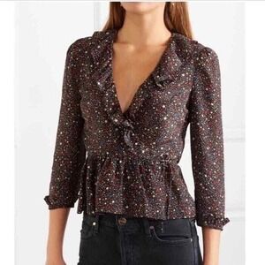 Madewell Women's Silk Ruffle-Hem Wrap Long Sleeve Top in‎ Starry Night Size M